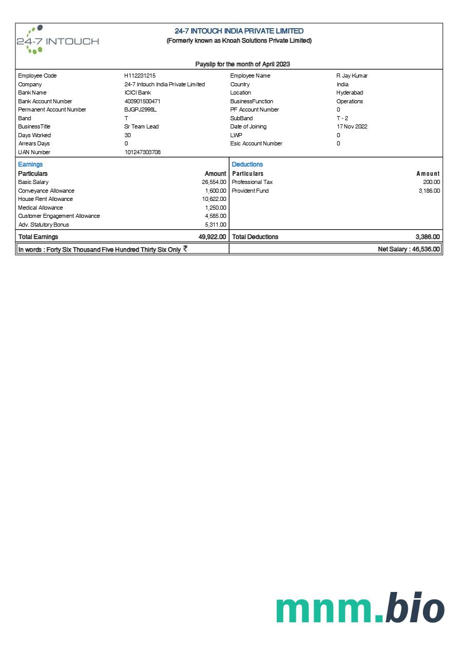 24-7 Intouch Indie payslip szablon w formacie Word i PDF